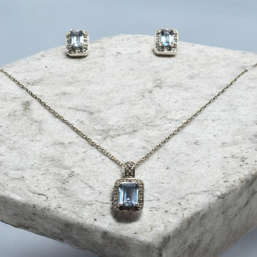 Sterling Silver Necklace & Earrings Set Halo Blue Gemstones Emerald Cut CN 18"